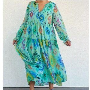 Anthropologie Serenade Tiewred Maxi Dress Ikat Print Plus size